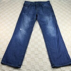 Parish Mens Jeans Distressed Blue Denim Green Accent Stitching‎ Stylish
